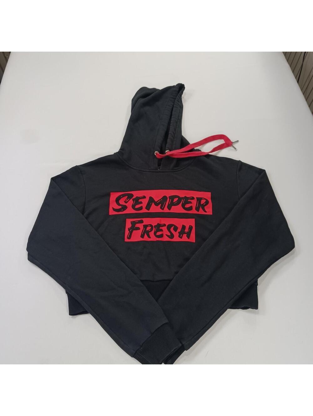 Semper Fresh Women's Black Drawstring Pullover Cropped Hoodie Sweatshirt Size XL